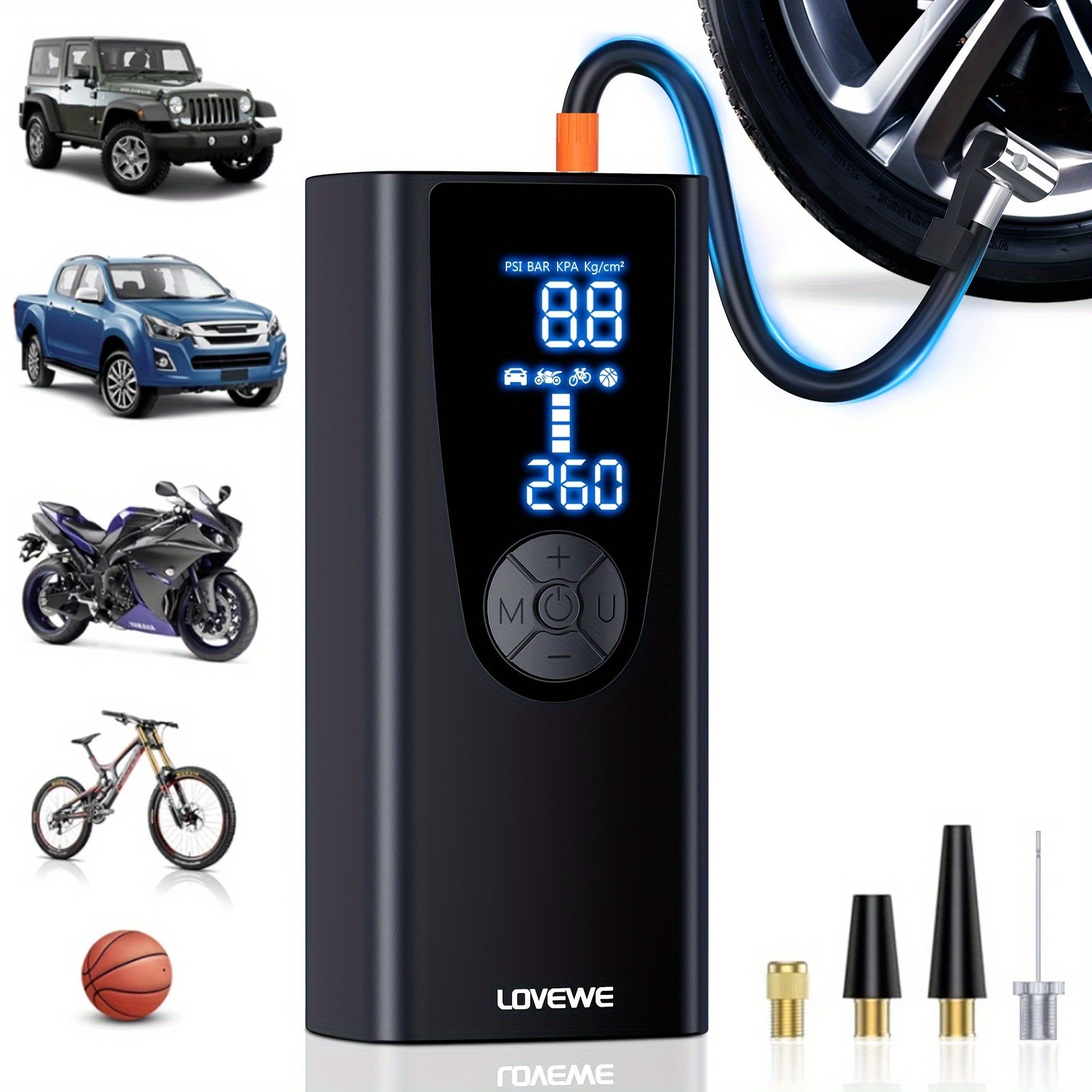 TEMU Lovewe Tire Inflator, 150psi Portable Air Compressor, Portable Air Pump For Car Tires With 8000mah Battery, Auto- Pump With Digital Pressure
