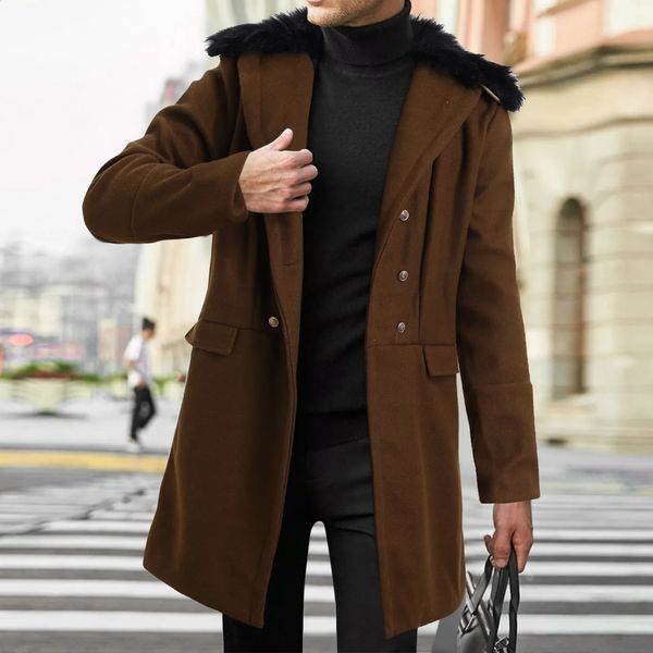 Winter Fashion Handsome Trench Jacket Men Fur Coat Thicken Outerwear Furry Lapel Neck Parka Lined Woolen 240826
