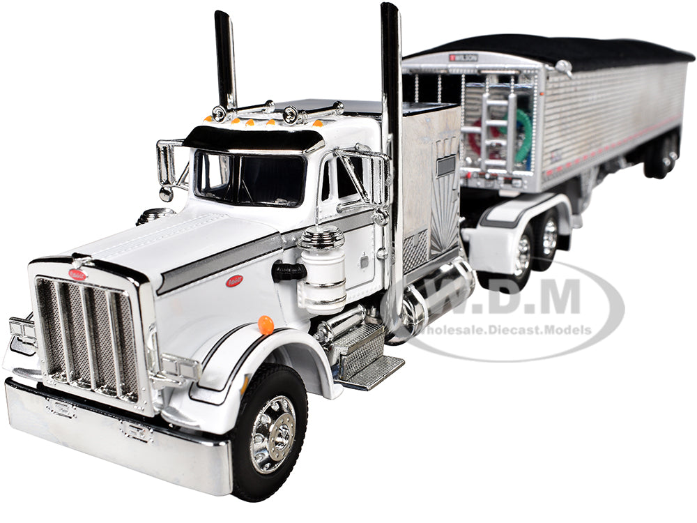 Peterbilt 359 with 60" Vintage Sleeper and 43 Wilson High Side Grain Trailer White and Chrome 1-64 Diecast Model by DCP-First Gear