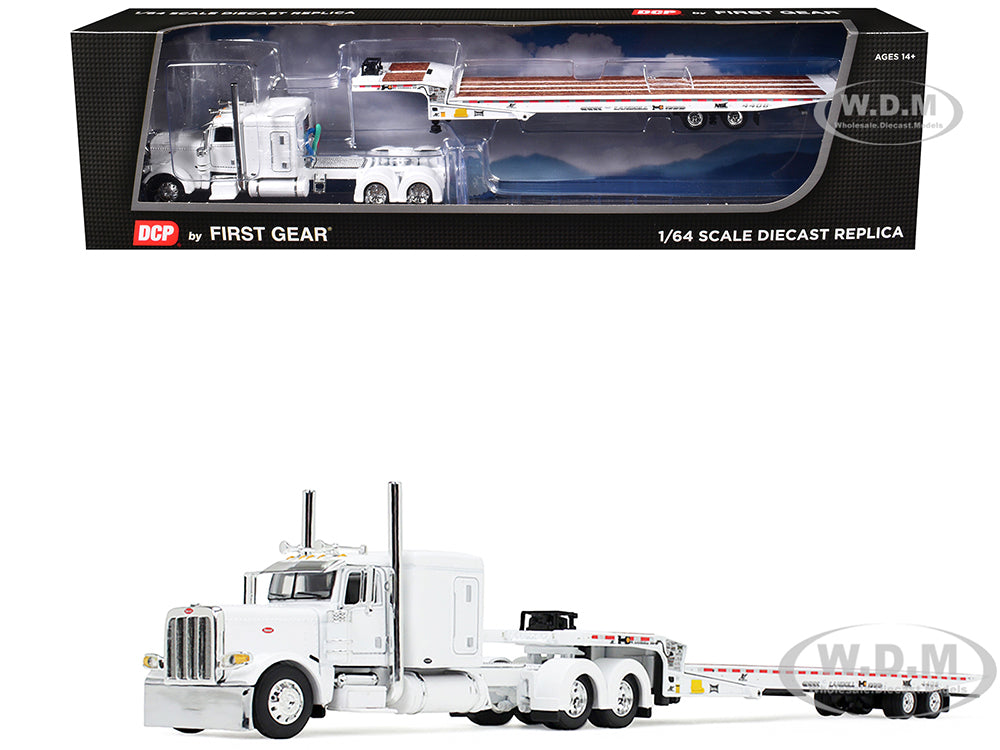 Peterbilt 389 with 63" Flat Top Sleeper and Landoll 440B50CA Traveling Axle Trailer White 1-64 Diecast Model by DCP-First Gear