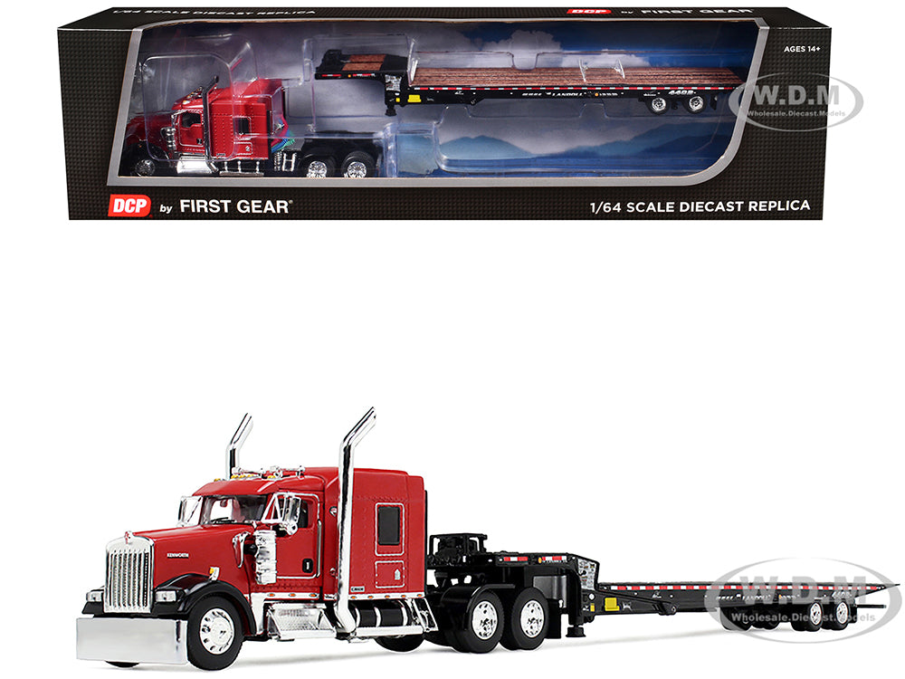 Kenworth W900L with 72" AeroCab Sleeper and Landoll 440B50CA Traveling Axle Trailer Viper Red and Black 1-64 Diecast Model by DCP-First Gear