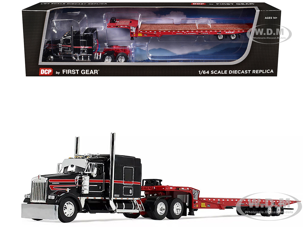 Kenworth W900L with 72" AeroCab Sleeper and Landoll 440B50CA Traveling Axle Trailer Black and Red 1-64 Diecast Model by DCP-First Gear