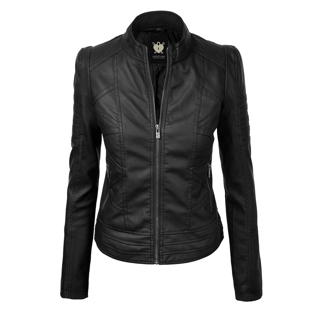 Womens Faux Leather Zip-up Moto Biker Jacket with Stitching Detail - Black - 3XL