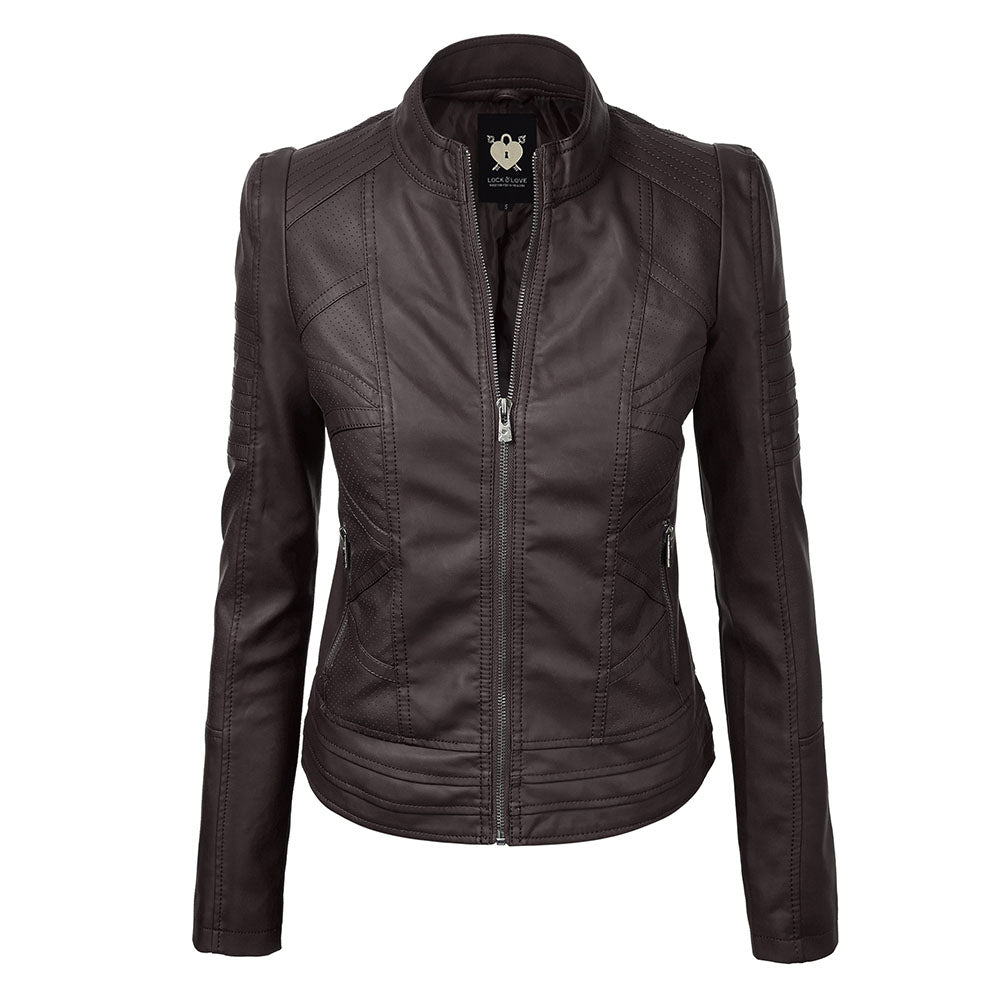 Womens Faux Leather Zip-up Moto Biker Jacket with Stitching Detail - Coffee - XL