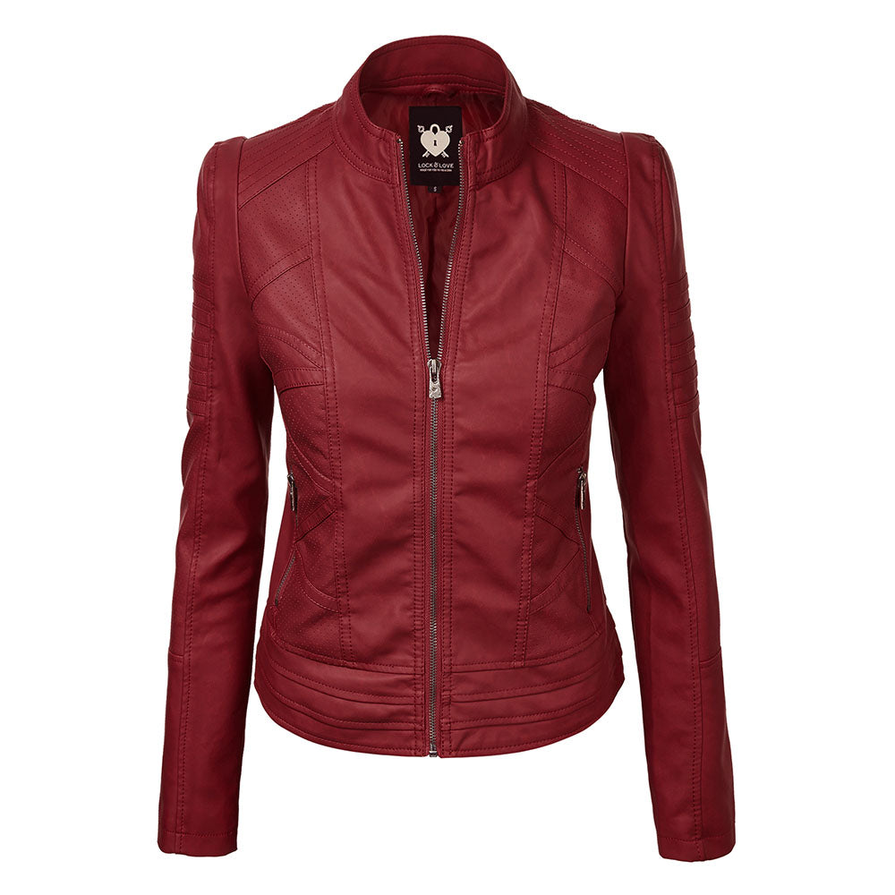Womens Faux Leather Zip-up Moto Biker Jacket with Stitching Detail - Red - XS