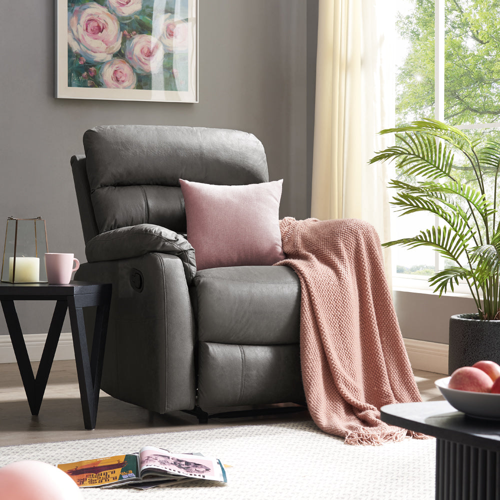 Maxwell Sofa Suite Armchair Manual Recliner Air Leather Padded, Grey