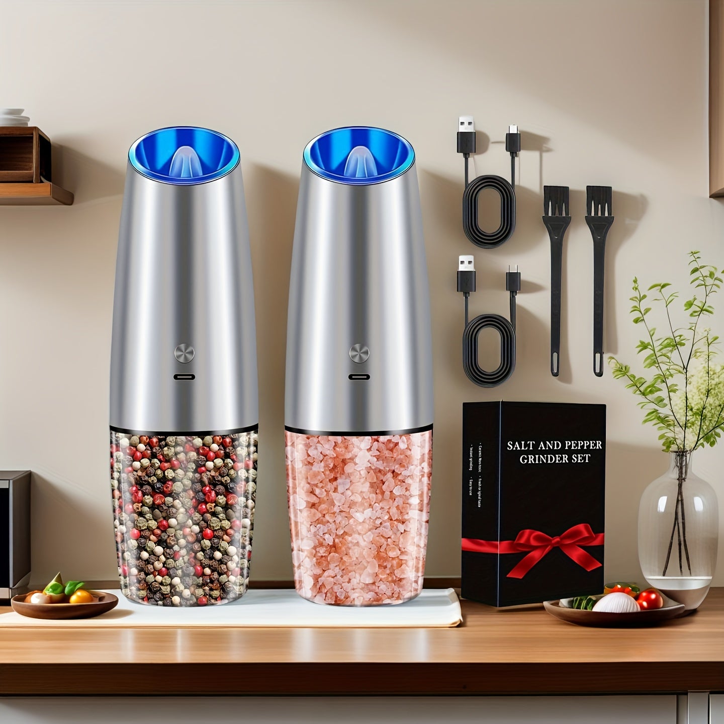 TEMU 2pcs Salt And Pepper Grinder Set, Electric Mill With Adjustable Coarseness, Automatic Spice Shakers With Led Light, Usb Rechargeable One-hand