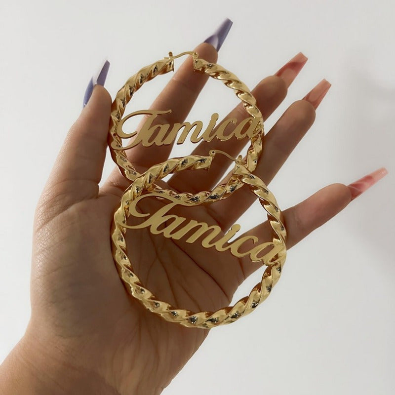 TEMU Custom Name Hoop Earrings, Large Twist Name Hoops, Women Name Earrings, Personalized Name Hoops, Name Earrings, Nameplate Hoops Gifts