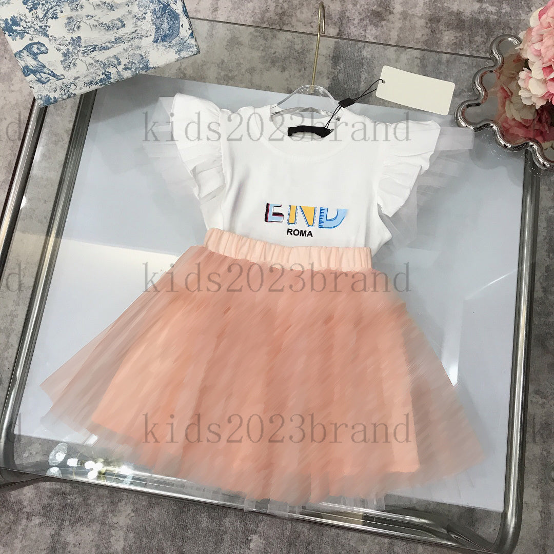 2025 brand deisgner children dress sets girls Mesh panel pleated skirt with t shirts two pieces sets fashion girls sports dresses set cotton t-shirt