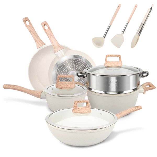 Non-stick Granite Coating Cookware - 12-Piece Pots and Pans Set for Kitchen, Induction & Gas Stovetop Compatible, Black