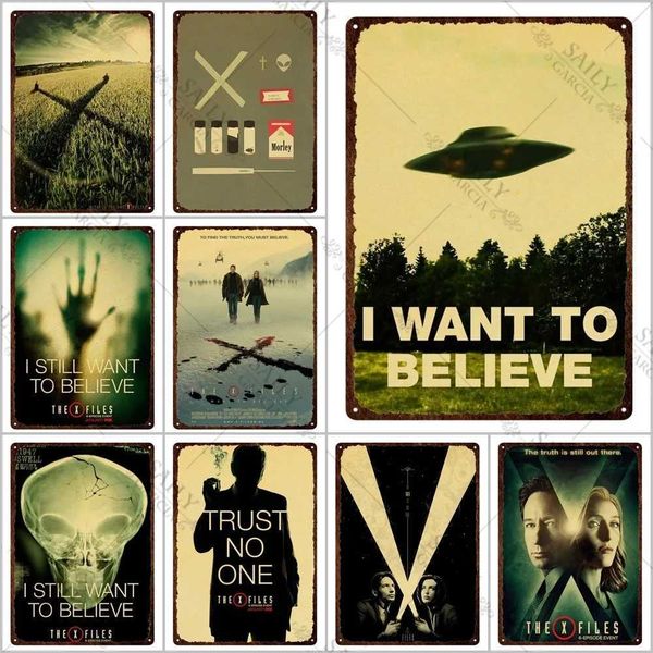 High Quality The X-Files Metal Print Plates Alien Ufo Tv Series Retro Movie Tin Sign Poster Man Cave Metal Tin Sign Plaques for Pub Bar Sign