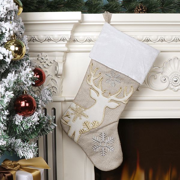 Christmas Decorations Stockings Socks With Elk Printing Candy Gift Bag Exquisite Snowflake Fireplace Xmas Tree Decoration Year 220912