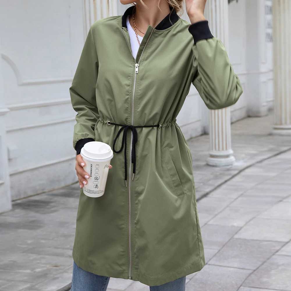 Women Outdoor Dust Coat Streetwear Slant Pocket Drawstring Waterproof Mid-length Trench Autumn Long Sleeve Stand Collar CardiganX240921