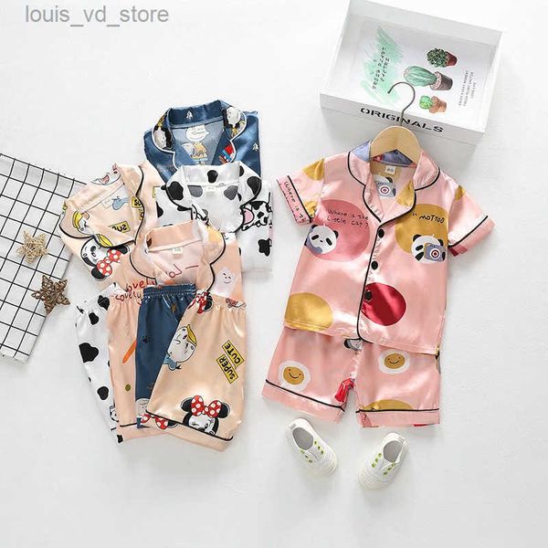 Pajamas Children Silk Satin Pajamas Set Baby Boys Girls Cartoon Lapel T-shirt Shorts 2Pcs Suit Kids Summer Ice Silk Nightgown Loungewear T25