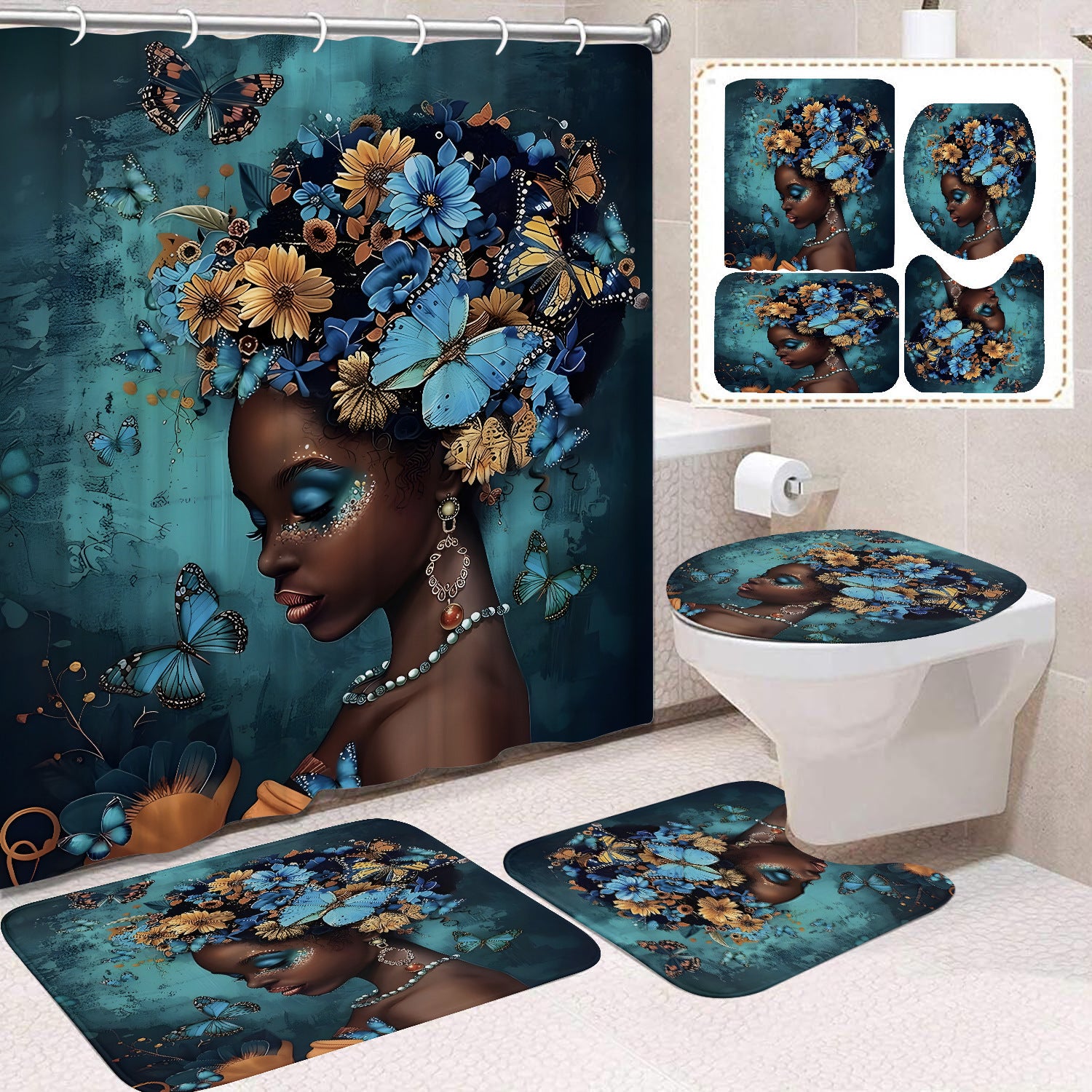 YL-37485 Shower Curtain African Girl Home Bathroom Decoration Curtain Toilet Floor Mat Toilet Non-slip Floor Mat