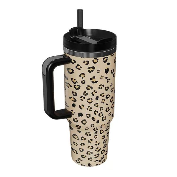 2023sublimation beer drinkware 40oz Marbling Tumblers Stainless Steel Tumbler With Leopard Cup Handle and Straw Vacuum Sealed Insulated Trav