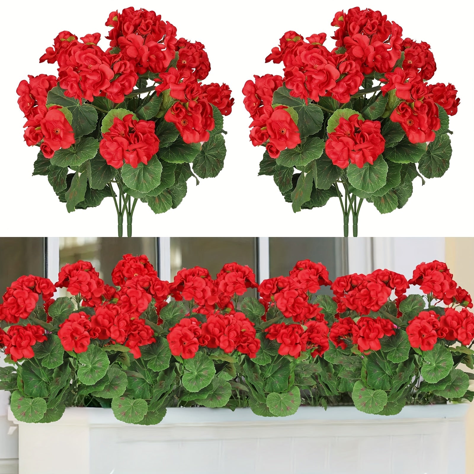TEMU Pack Of 4 - Artificial Geraniums Bundles Full Flower Plants Geranium Bush Red Color For Home Garden Wedding Indoor Outdoor Christmas Decor