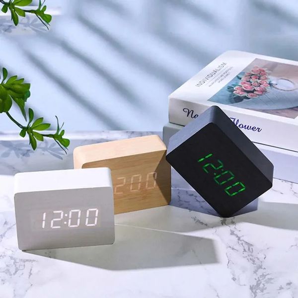 LED wooden alarm clock table voice control digital wooden desktop or electronic desktop USB- power supply clock table decoration 241217