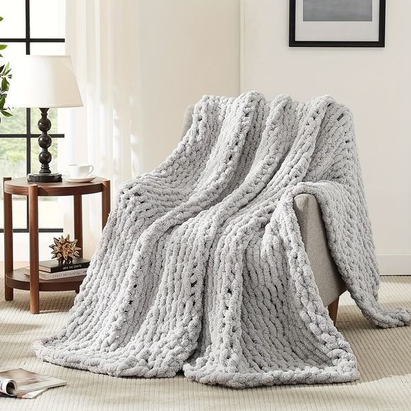 Cozy Cable Knit Chenille Throw Blanket Soft Handmade 100% Hand-Knit Thick Plush and Warm for Sofa Home Decor and Snuggle Time Perfect for Co