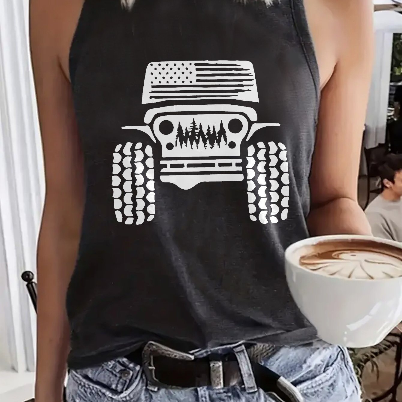 TEMU Women's American Flag & -inspired Off-road Print Sleeveless Vest Top - Lightweight Breathable Summer T-shirt With Rugged Tire Tread & Design,