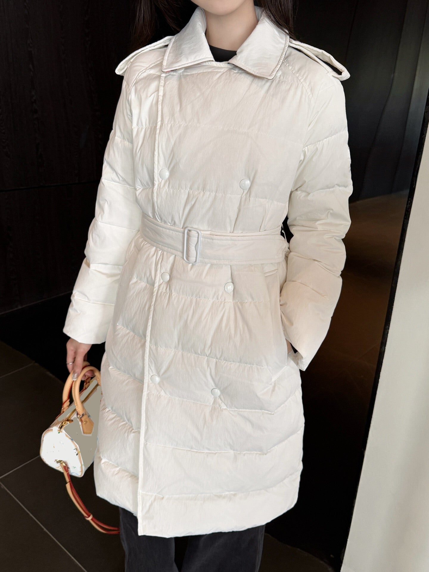 Womens Luxury Mid Long Down Coat Belted Slim Fit White Goose Down Filling Lightweight Warm Stylish Fashion Jacket Premium Puffer Outerwear