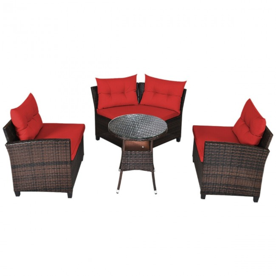Rattan 4-Piece Patio Furniture Set with Round Sofa Table - Red