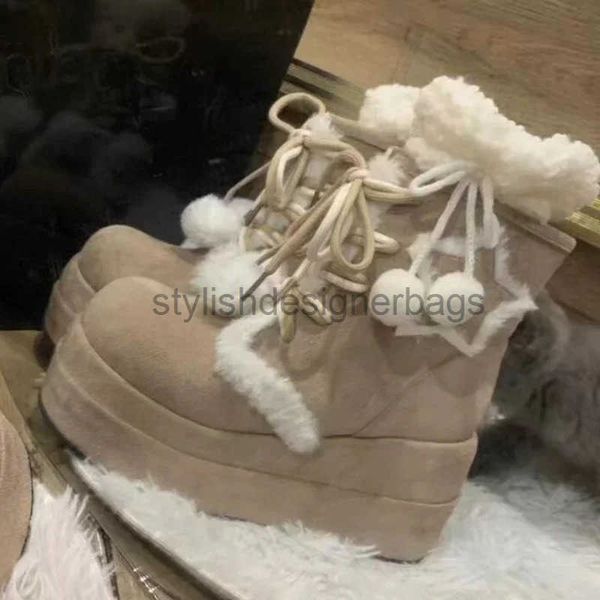 Boots Shoes for Women 2024 Ig Alta qualidade Lace Womens Winter Round Round com lã quente Moda de barril médio H241123