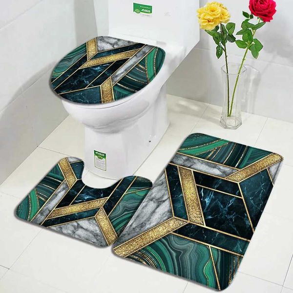 Creative Marble Bath Mat Set Green Grey Gold Geometric Pattern Modern Home Carpet Bathroom Decoration Anti slip Carpet Toilet Lid M240829