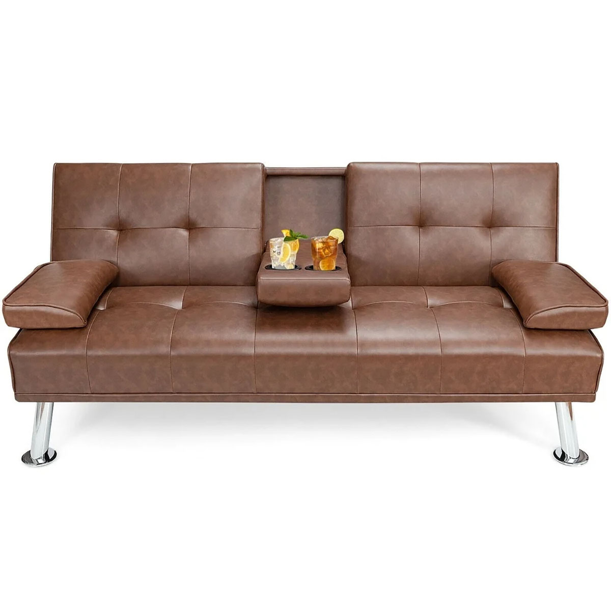 Convertible Folding Leather Futon Sofa with Cup Holders and Armrests - Sofa Bed CF