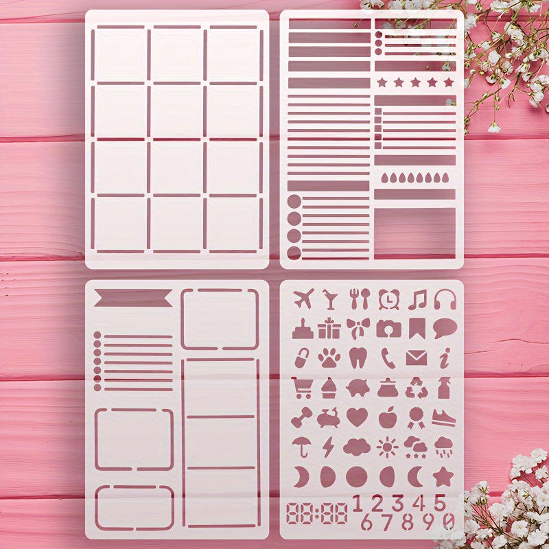 TEMU 4pcs Journal Stencil Set, 5.83x4.43" Reusable Planner & Diary Templates With Monthly , Daily Layouts & Icon Designs - A5-a4 Notebooks