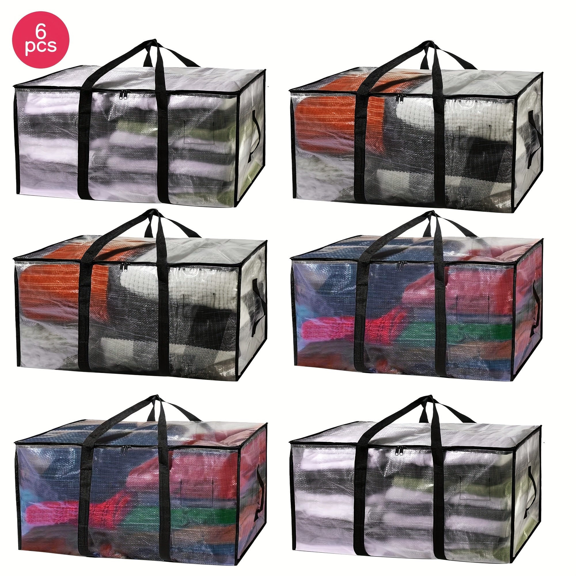 TEMU Pack Of 6 Extra Large Moving Bags - Alloy Zipper, Webbing Trim, Strong Handle, Heavy Duty Structure, Clear Plastic, Spacious Storage Box -