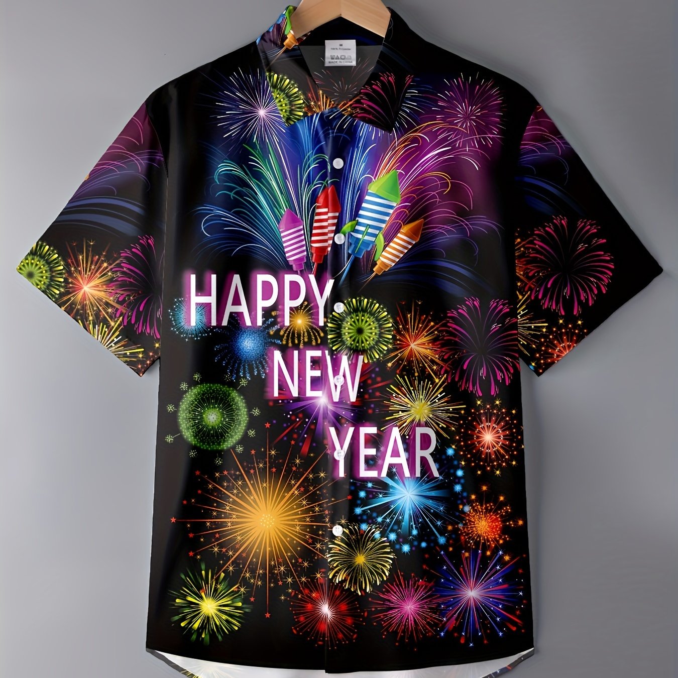 TEMU Men's New Year's Eve Party Shirt - Black With Colorful Fireworks & Happy New Year Text - Short Sleeve Button-up Blouse For Christmas, Nye, -