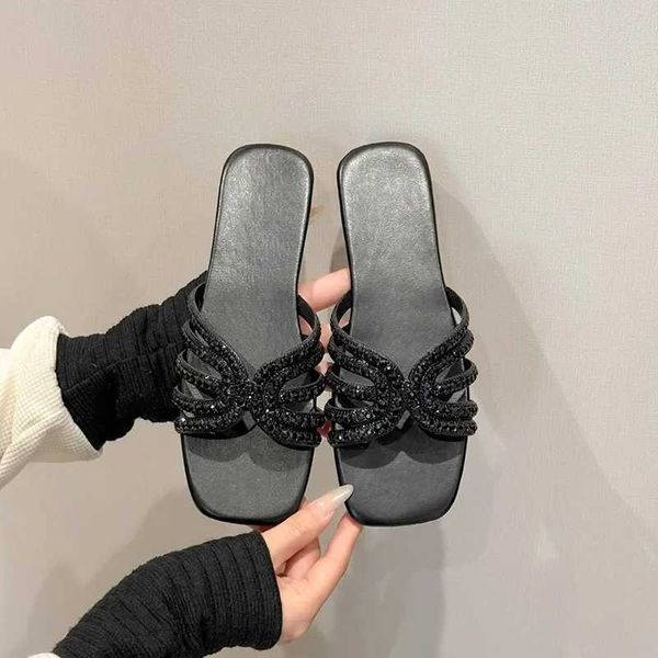 Flat Slippers Ladies Square Toe Rhinestone Luxury Brand Designer Shoes for Women Crystal Strap Slip-on Slippers Female Shoes Y250122