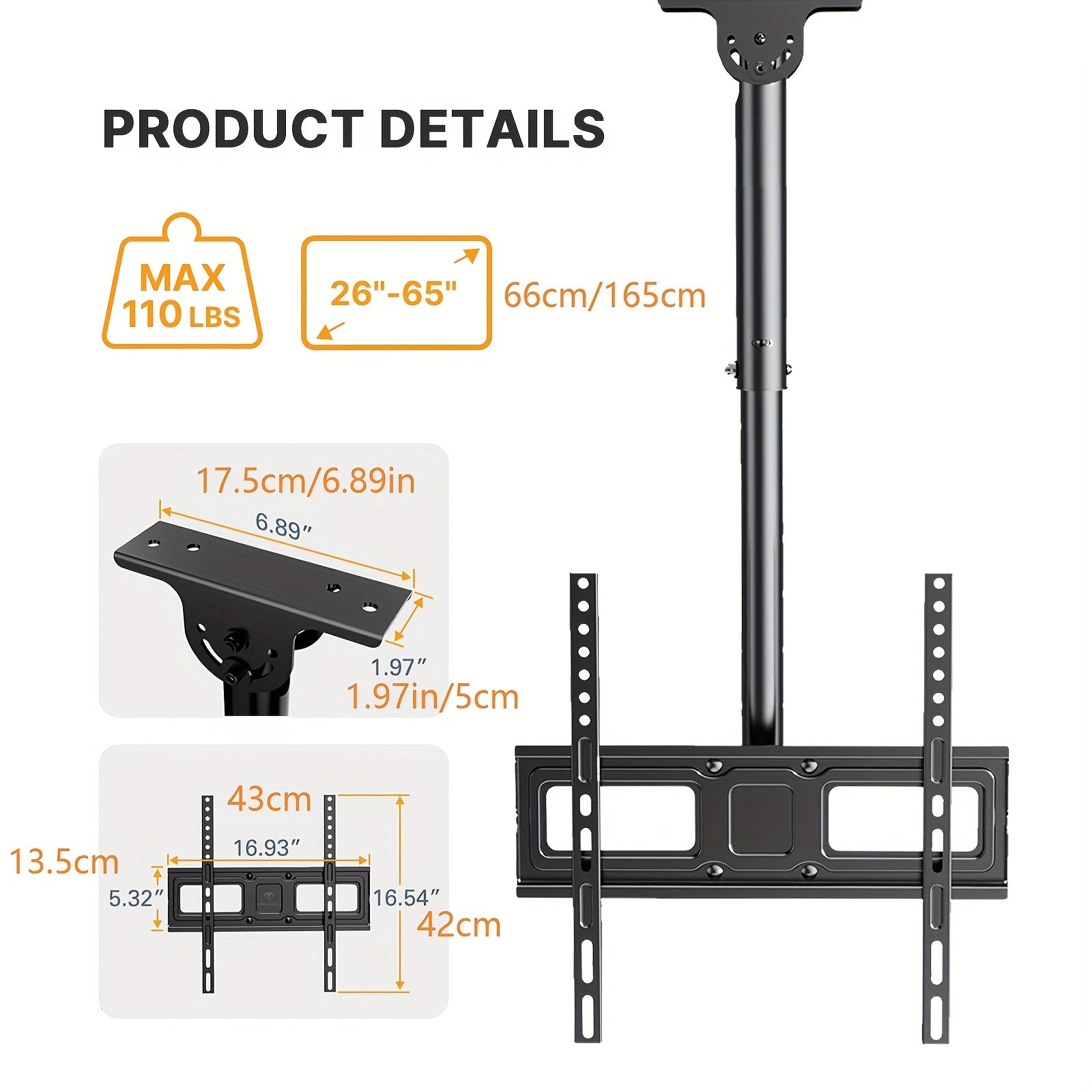TEMU Black Ceiling Tv Mount For 37-75-26-65inch Flat Or Curved Tvs, 99lb-110lb Load Capacity, Adjustable Bracket With Swivel And Tilt, Max Vesa