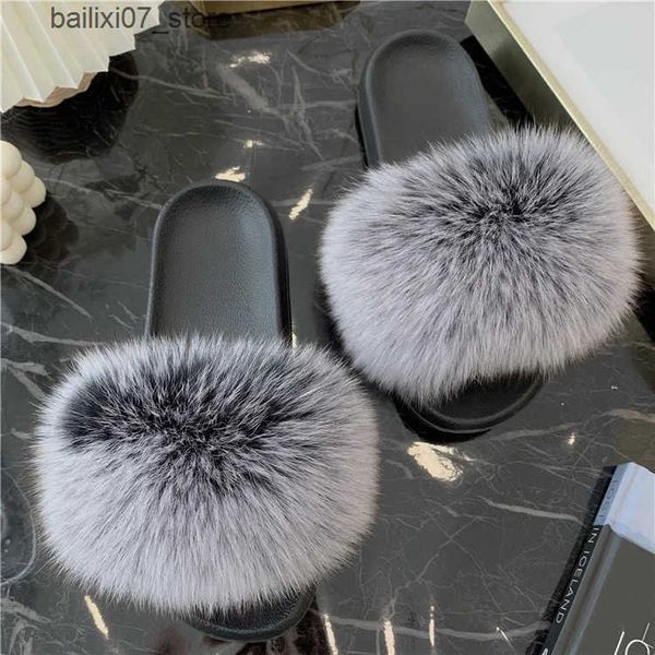 Slippers Real Slides de pele Summer Fox Fels Felas mulheres Casas Indoor Ladies Sandals Peur Flip Flip Shoes Plelight Woman Slippers Llipper