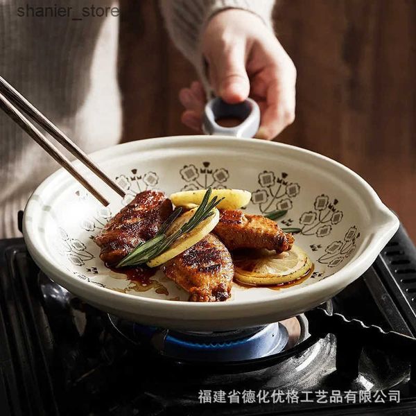 Dishes Plates Japanese style creative single handle plate oven baking tray with handle household open flame heated ceramic baking tray. L240