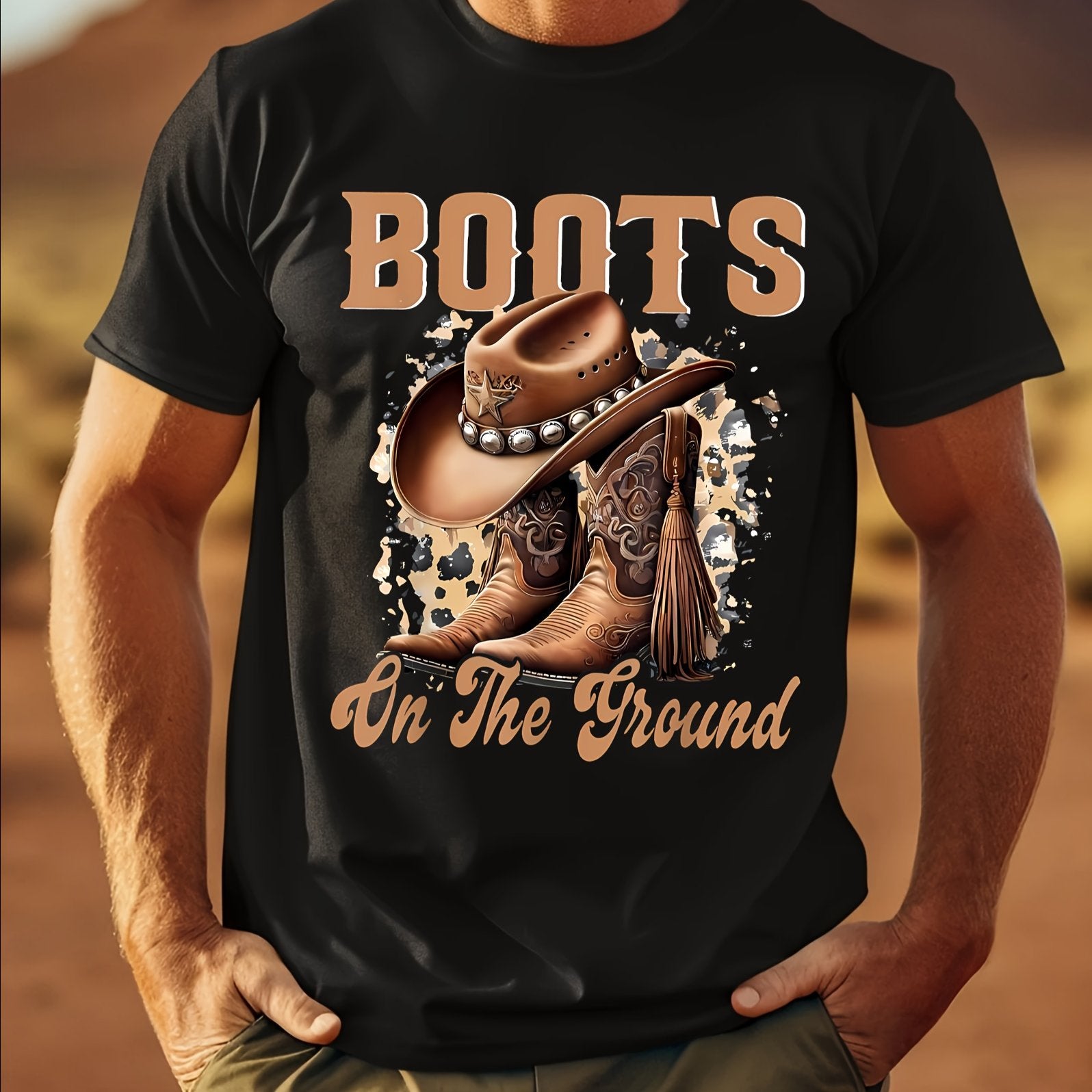 TEMU Men's Western Cowboy Boots Graphic T-shirt - "boots On " Design, Black Casual Round Neck Tee, Machine Washable, Fit For Adults, Casual Wear |