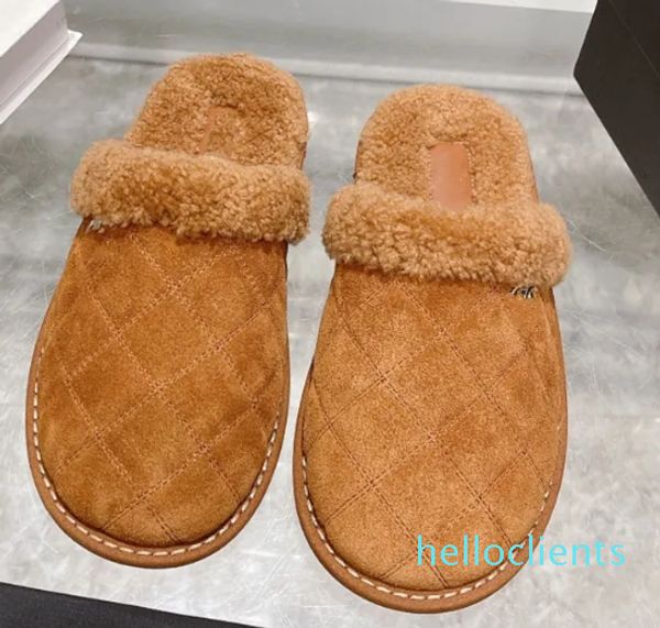 Luxury Designer Womens Brand Slippers Winter New Classic Diamond Lattice Metal Letter Sign Slingback Sandals Genuine Leather Lamb Hair Anti