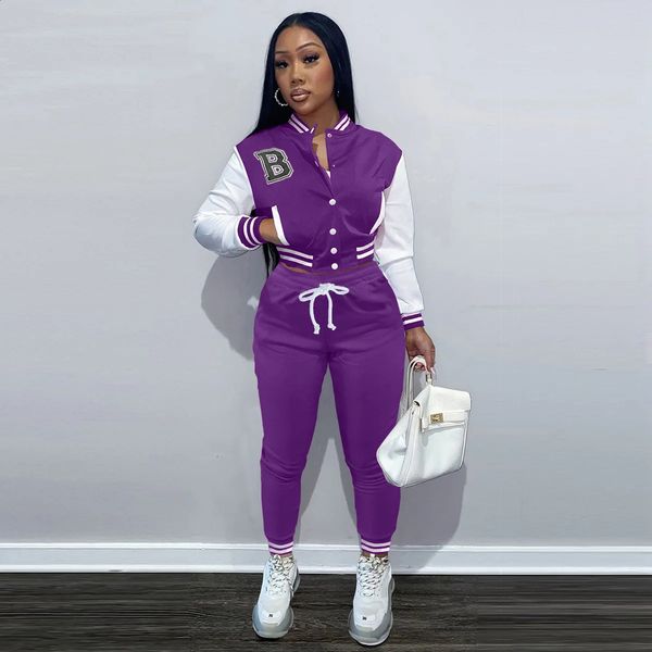 Baseball Sports Sports Fall Women Letter Print Patchwork Jaqueta de beisebol Roupa Drawstring Duas peças Pontas Conjunto de Sorto de Jogador
