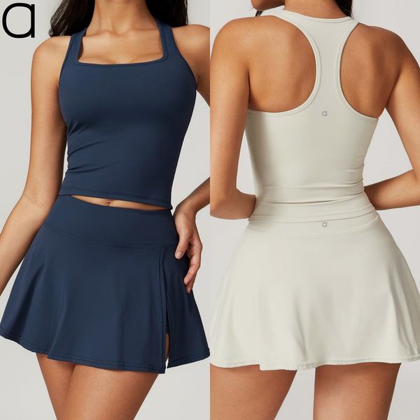 A436 Women Sports Vest and A-line One Piece Short Skirts Set Quick Drying Running Fitness Top+Anti-slip Skirts Set Yoga Clothes