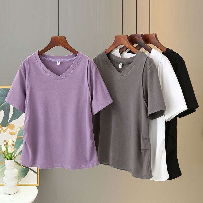 1-A087 Fat plus size women&#039;s clothing fat mm summer new style basic short sleeved chicken heart collar T-shirt 200 pounds cotton base shirt
