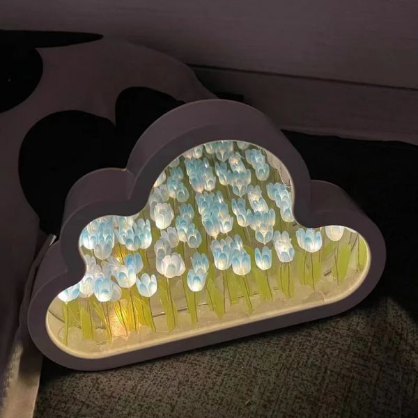 Cloud Tulip Lamp DIY Night Light Girl Bedroom Ornaments Creative Photo Frame Mirror Table Lamps Bedside Handmade Birthday Gifts YFA1965