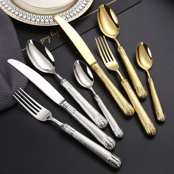 High-end Luxury Stainless Steel Spoons Fork Table Knife Tea-spoon Hollow Embossed Handle Flatware Retro Cutlery Soup Spoon Dining Utensils