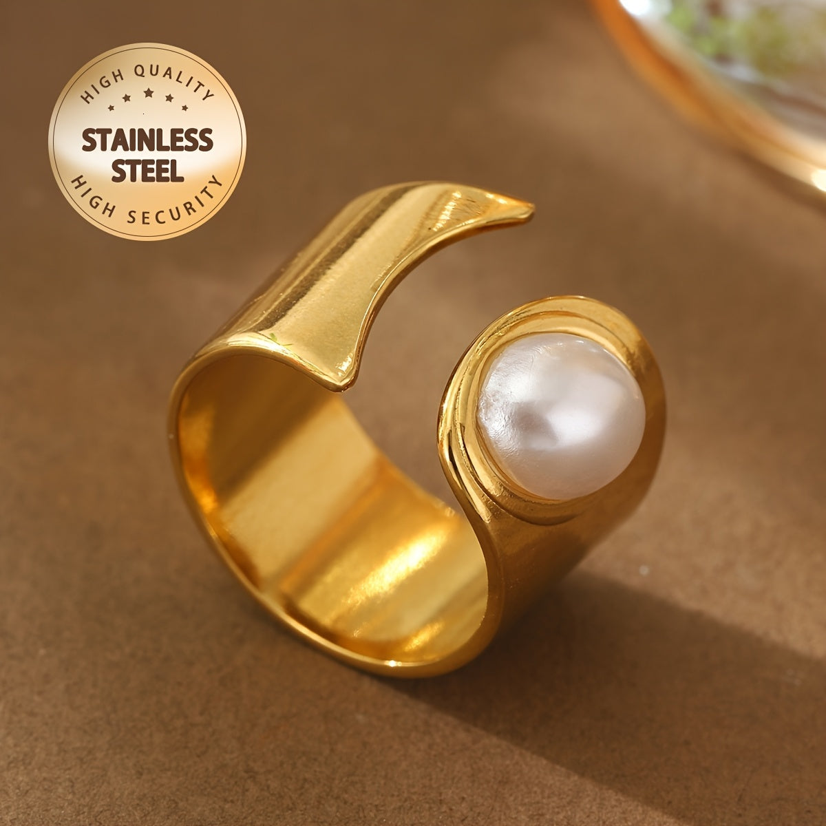 1 Piece Simple Open 304 Stainless Steel Ring, Women, Plated, Decorated with Imitation Pearls Suitable for Daily Wear, Parties, Graduations, Music Fe