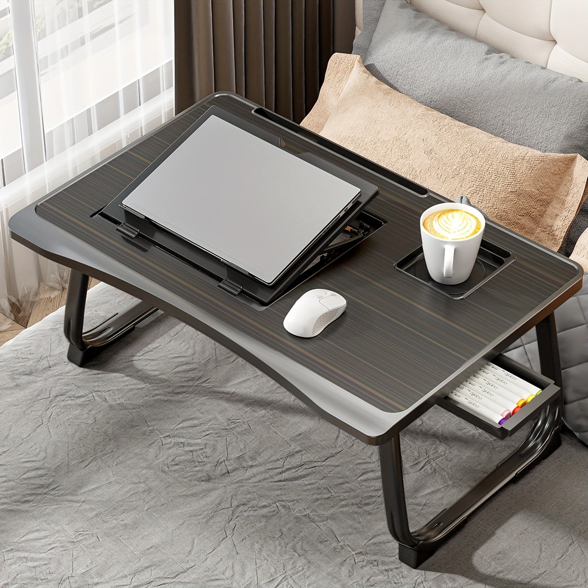 TEMU Foldable Laptop Bed Desk With Storage, Cup & Phone Holders – 6-level Adjustable Desktop, Multifunctional Table For Sofa, Office, Study, Or