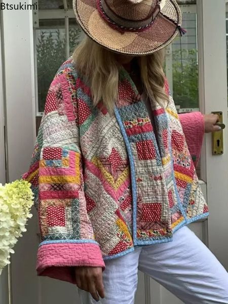 2024 Womens Pink Vintage Print Patchwork Cotton Coats Parkas Long Sleeve Casual Short Jackets Tops Female High Street Outerwear 240802