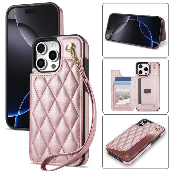 Flip Leather Card Holder Wallet Case For iPhone 16 Pro Max 15 14 13 12 11 XS XR, Cards Bag Pocket Kickstand Phone Cover with Lanyard