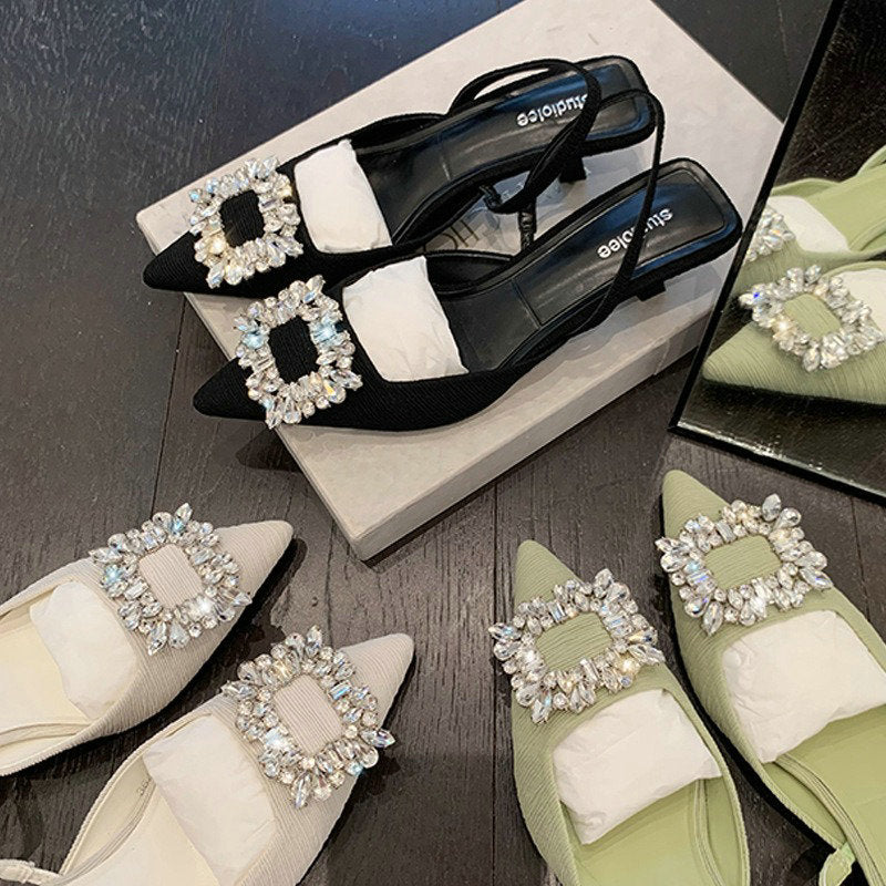 2024 Summer New Square Crystal Buckle Rhinester Pointed Head High Heel Sandals Women&#039;s One-line Belt Baotou Sandals