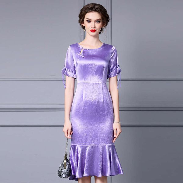 Purple Buckle Wrapped Fishtail Skirt Middle-aged Feminine Temperament Ruffled Vinegar Dress 2024 Summer Novelty Waist Round Neck Dress