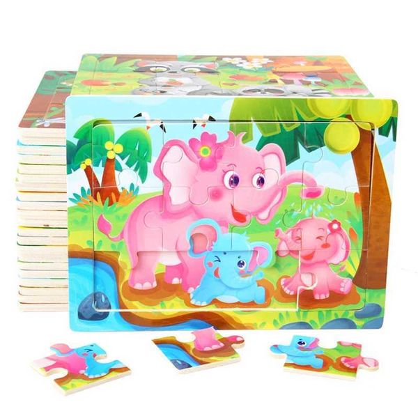 Puzzles 15*11cm 12pcs Wood Puzzle Kids Educational Toys Cartoon Animal-Traffic 3dD Wooden Puzzle Jigs Toys For Children Gifts